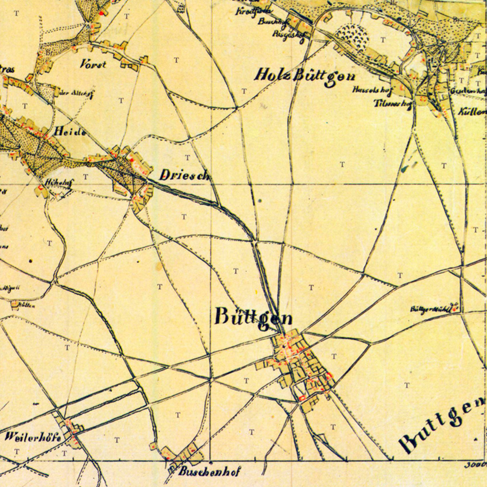 Büttgen, Ausschnitt aus der Karte 43 Osterath der Kartenaufnahme der Rheinlande durch Tranchot und von Müffling 1803 - 1820