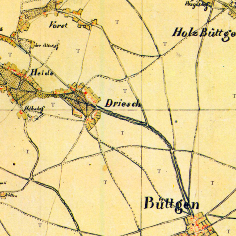Driesch, Ausschnitt aus der Karte 43 Osterath der Kartenaufnahme der Rheinlande durch Tranchot und von Müffling 1803 - 1820