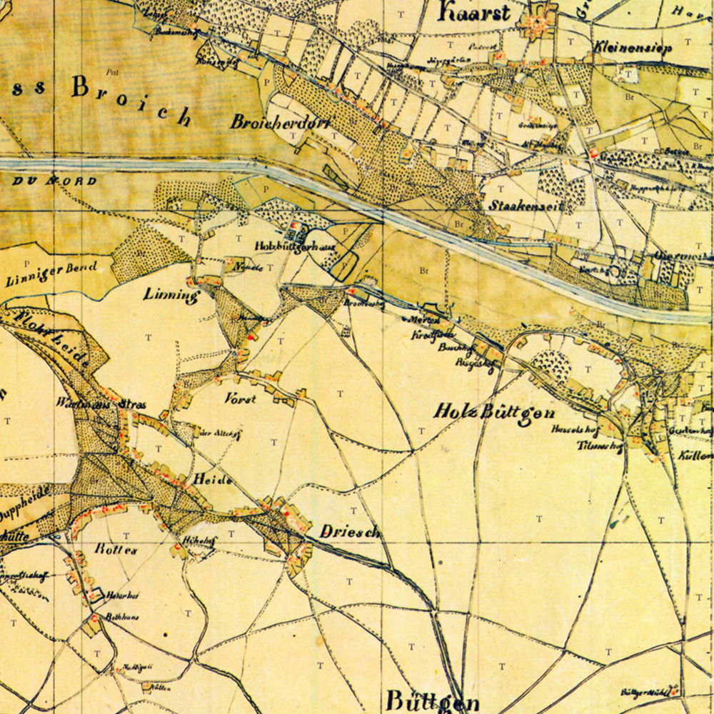 Holzbüttgen, Ausschnitt aus der Karte 43 Osterath der Kartenaufnahme der Rheinlande durch Tranchot und von Müffling 1803 - 1820