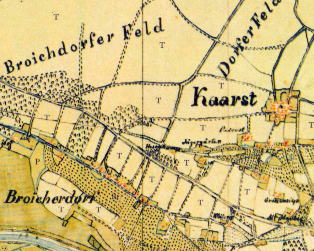 Kaarst, Flur Hasenkamp. Ausschnitt aus der Karte 43 Osterath der Kartenaufnahme der Rheinlande durch Tranchot und von Müffling 1803 - 1820