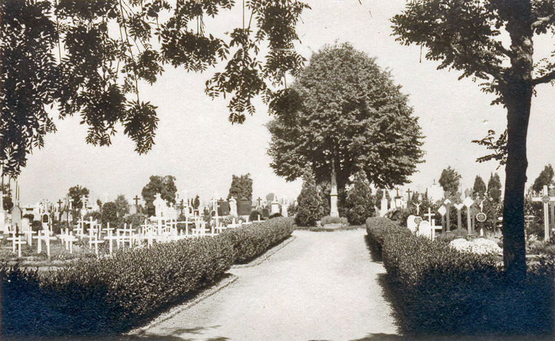 Kaarst, Jungfernweg, Blick vom Eingang auf die alte Linde. Darunter befinden sich die Grabstätten der früheren Pfarrer in Kaarst.
