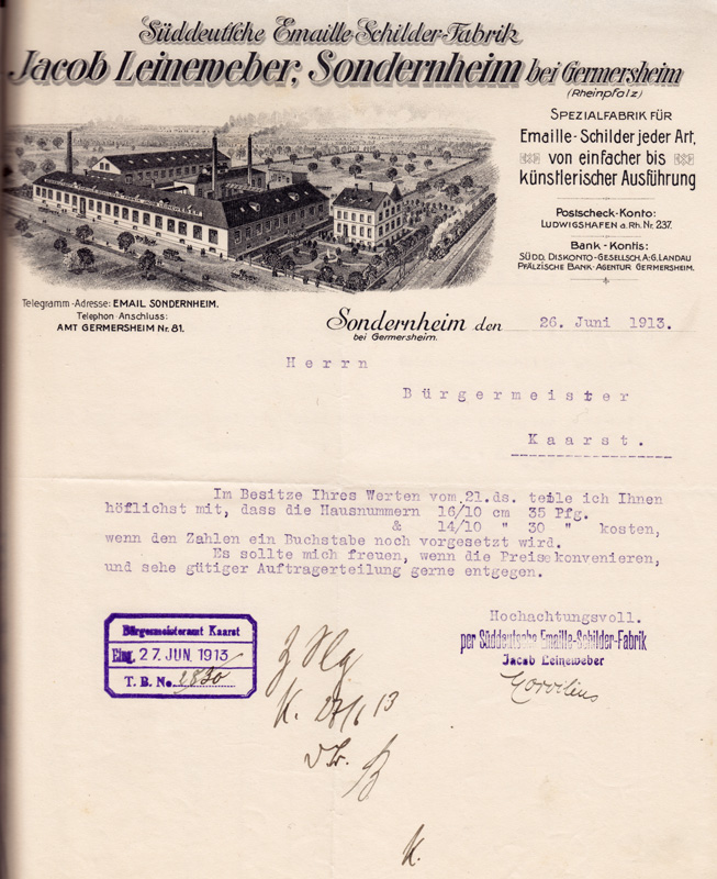 Das Angebot vom 26.6.1913 der Firma Leineweber für die Lieferung von Hausnummernschildern (aus: StA Kaarst Nr. 1036)