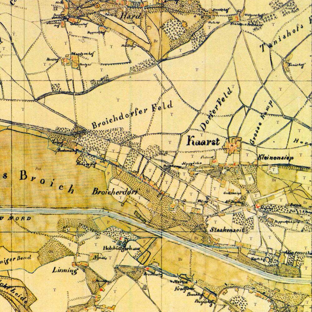 Kaarst, Ausschnitt aus der Karte 43 Osterath der Kartenaufnahme der Rheinlande durch Tranchot und von Müffling 1803 - 1820