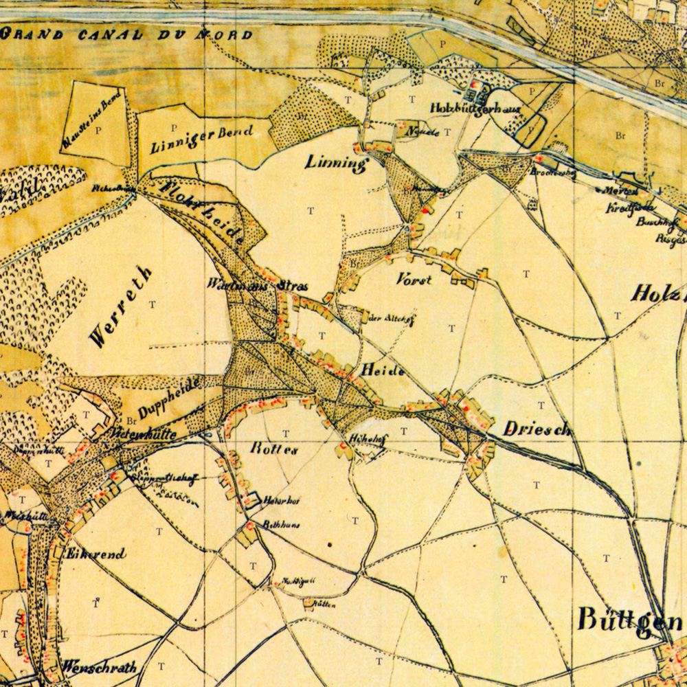 Vorst, Kaarst, Alt Vorst; Bereits in der Tranchot-Karte von 1803-1813 sind die fünf ehemaligen Ansiedlungen Vorst, Linning, Wattmannstraße, Heide und Rottes verzeichnet.
